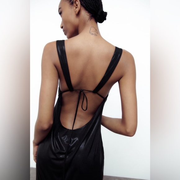 Zara NWT Long Ruched Dress in Black Metallic Maxi Open Back Size M Medium New - Picture 4 of 10